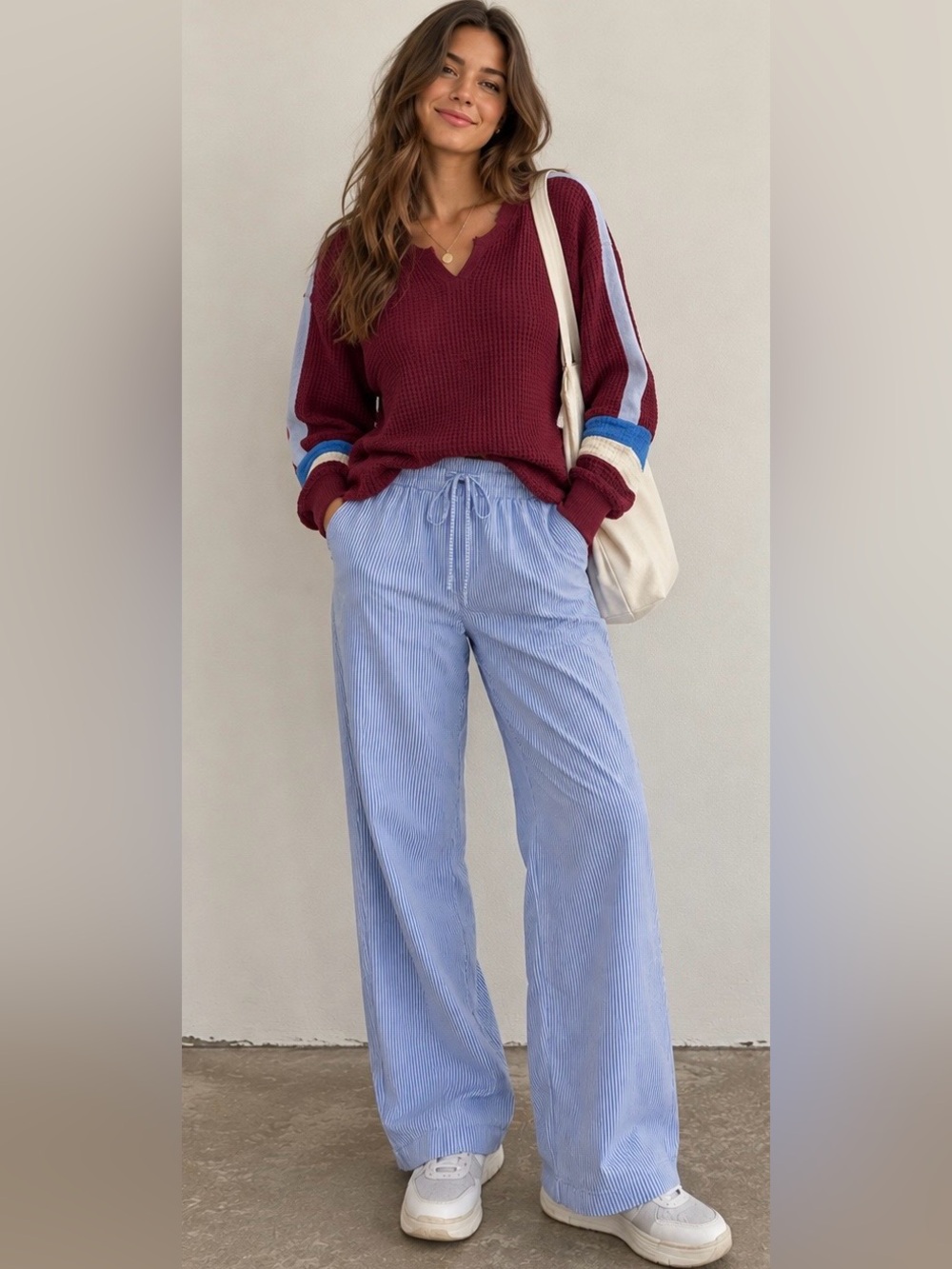 OFFLINE -Neck Waffle Knit Sweater in Burgundy with Stripe Details oversized